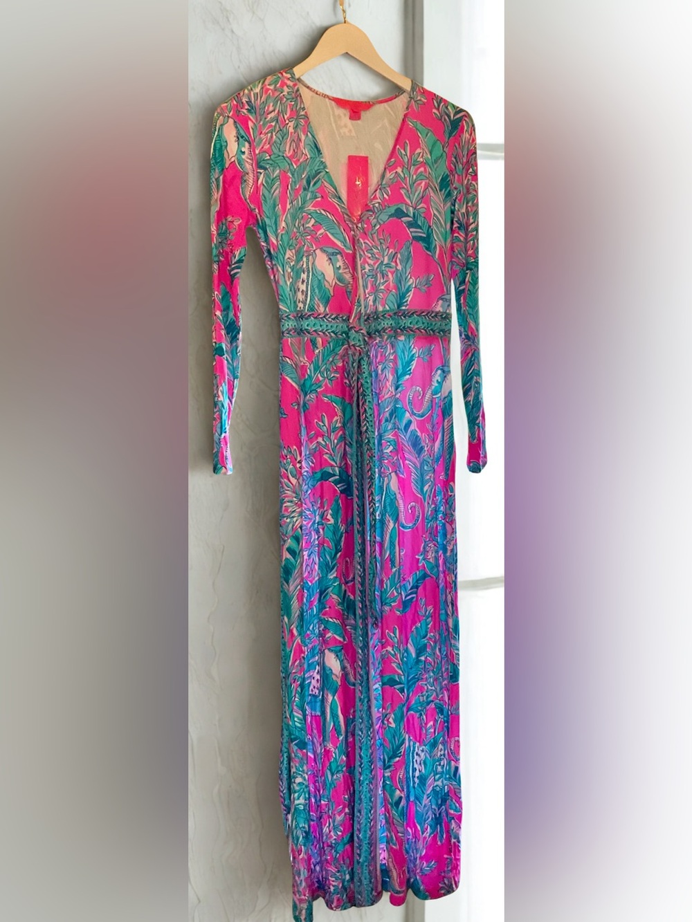 Lilly Pulitzer Pink and Green Long Sleeve Floral Maxi Dress